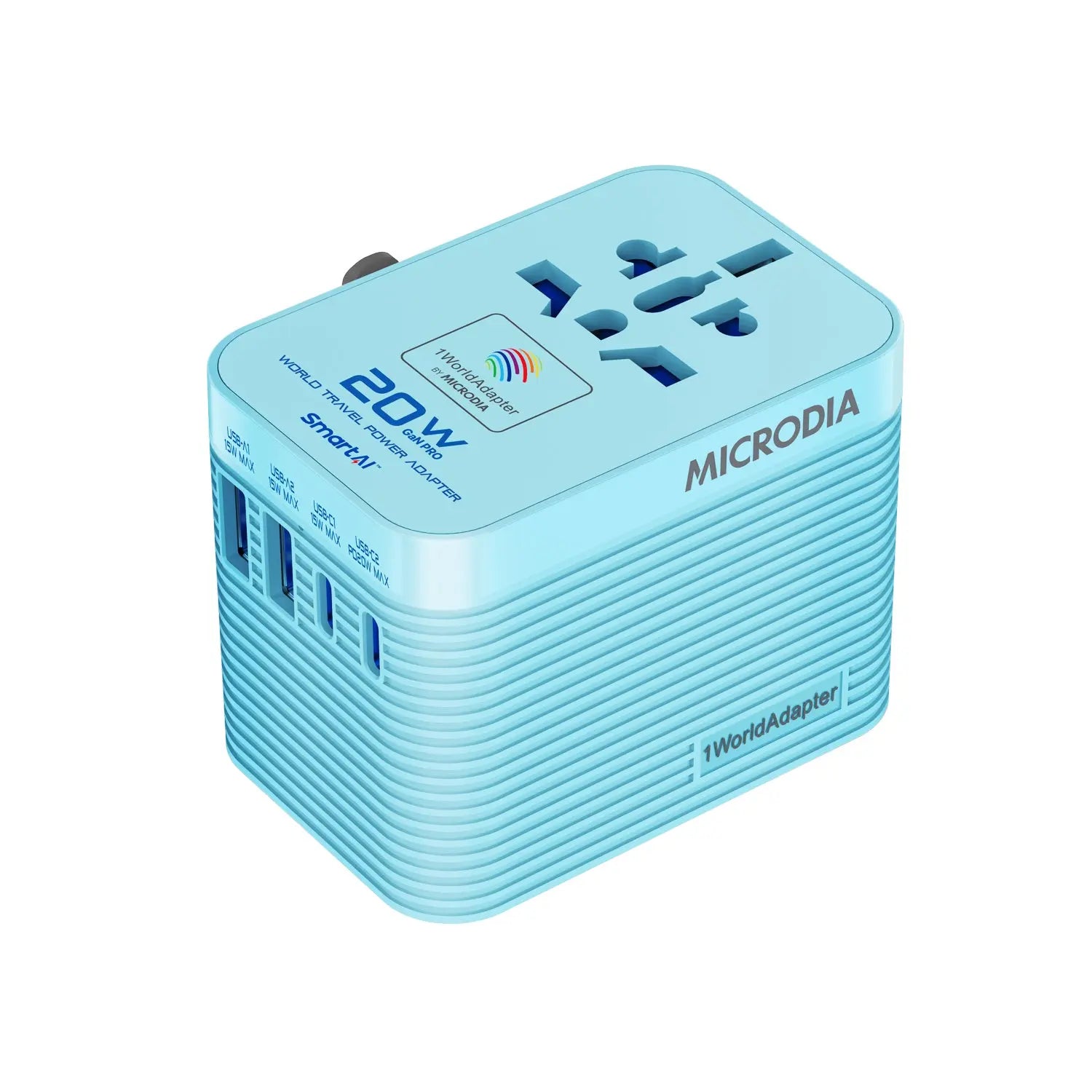 MICRODIA 1WorldAdapter™ PD20W GaN Pro™ World Travel Power Adapter with 2 x USB-C PD3.2 & 2 x USB-A QC4+, PPS Fast Charging Microdia