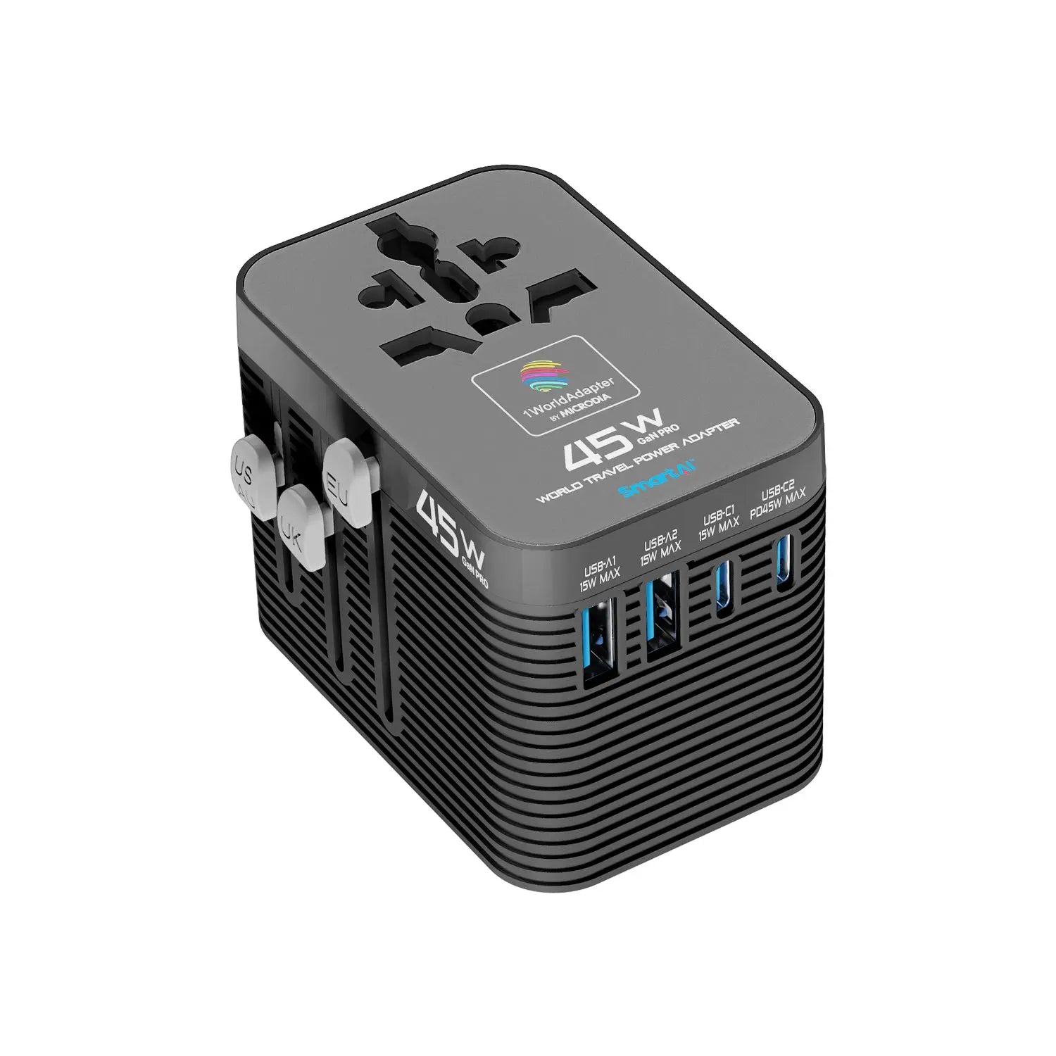 MICRODIA 1WorldAdapter™ PD45W GaN Pro™ World Travel Power Adapter with 2 x USB-C PD3.2 & 2 x USB-A QC4+, PPS Fast Charging Microdia