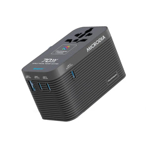 MICRODIA 1WorldAdapter™ PD70W GaN Pro™ World Travel Power Adapter with 70W Retractable USB-C Cable, 3 x USB-C PD3.2 & 1 x USB-A QC4+, PPS Fast Charging Microdia