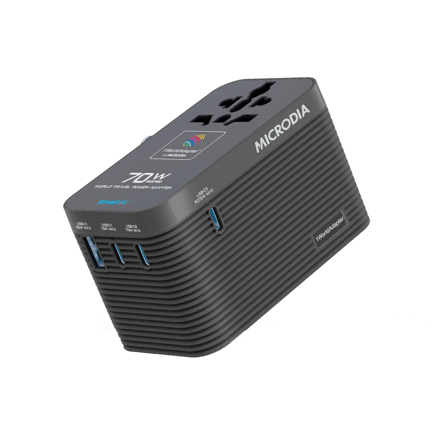 MICRODIA 1WorldAdapter™ PD70W GaN Pro™ World Travel Power Adapter with 70W Retractable USB-C Cable, 3 x USB-C PD3.2 & 1 x USB-A QC4+, PPS Fast Charging Microdia