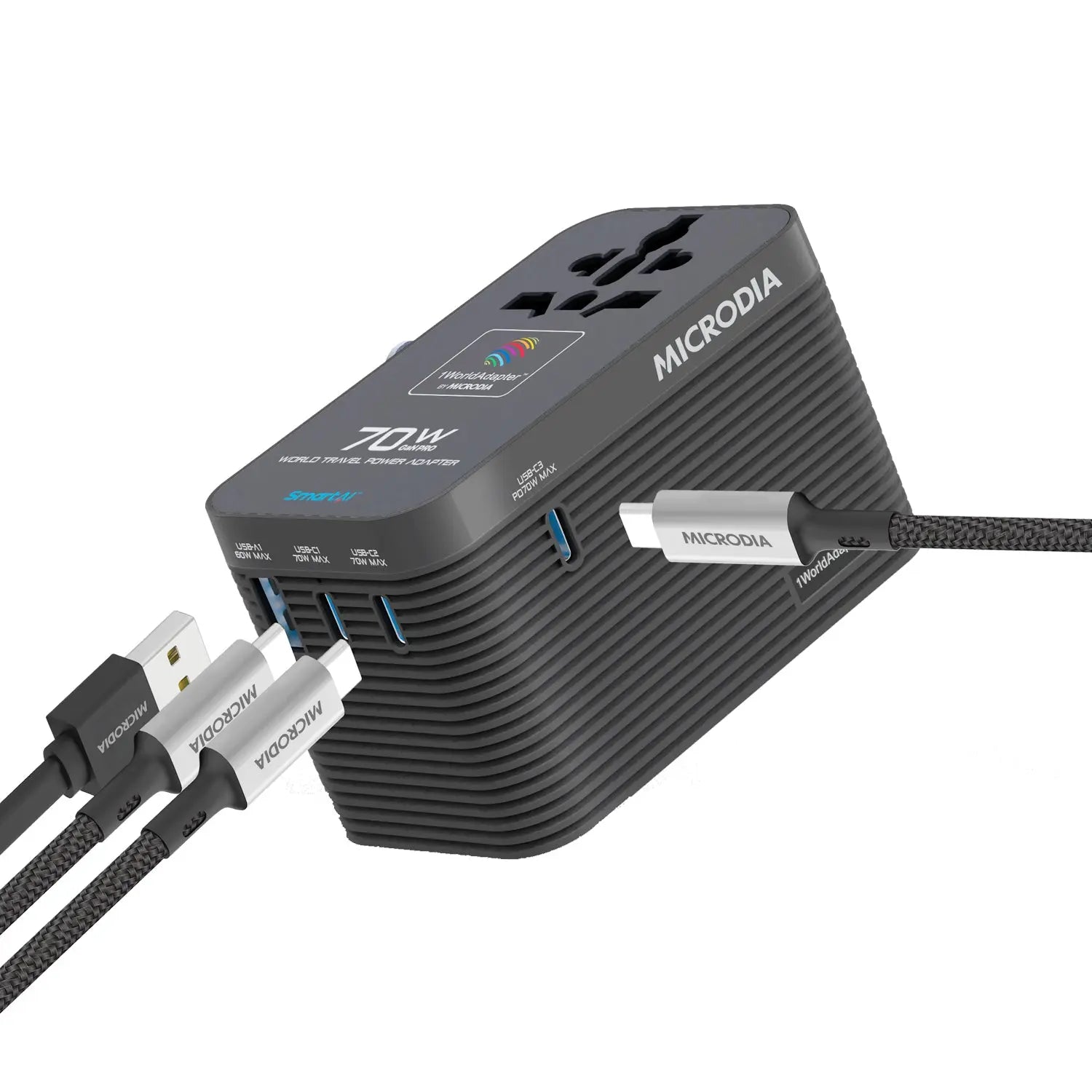 MICRODIA 1WorldAdapter™ PD70W GaN Pro™ World Travel Power Adapter with 70W Retractable USB-C Cable, 3 x USB-C PD3.2 & 1 x USB-A QC4+, PPS Fast Charging Microdia