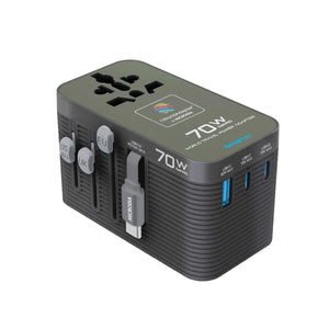 MICRODIA 1WorldAdapter™ PD70W GaN Pro™ World Travel Power Adapter with 70W Retractable USB-C Cable, 3 x USB-C PD3.2 & 1 x USB-A QC4+, PPS Fast Charging Microdia