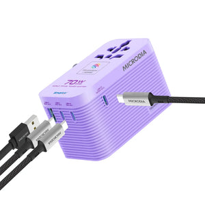 MICRODIA 1WorldAdapter™ PD70W GaN Pro™ World Travel Power Adapter with 70W Retractable USB-C Cable, 3 x USB-C PD3.2 & 1 x USB-A QC4+, PPS Fast Charging Microdia