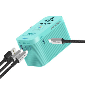 MICRODIA 1WorldAdapter™ PD70W GaN Pro™ World Travel Power Adapter with 70W Retractable USB-C Cable, 3 x USB-C PD3.2 & 1 x USB-A QC4+, PPS Fast Charging Microdia