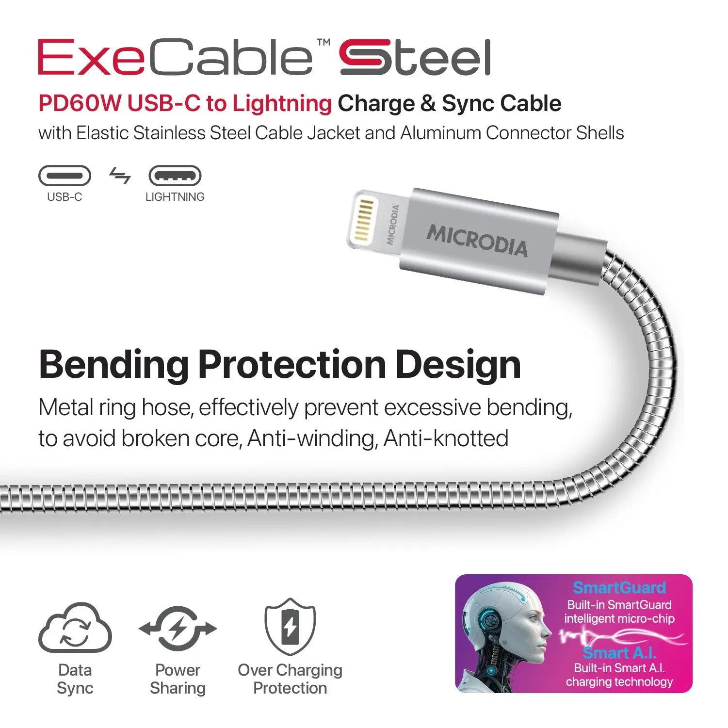 MICRODIA ExeCable™ Steel PD60W USB-C to Lightning Charge & Sync Cable Microdia