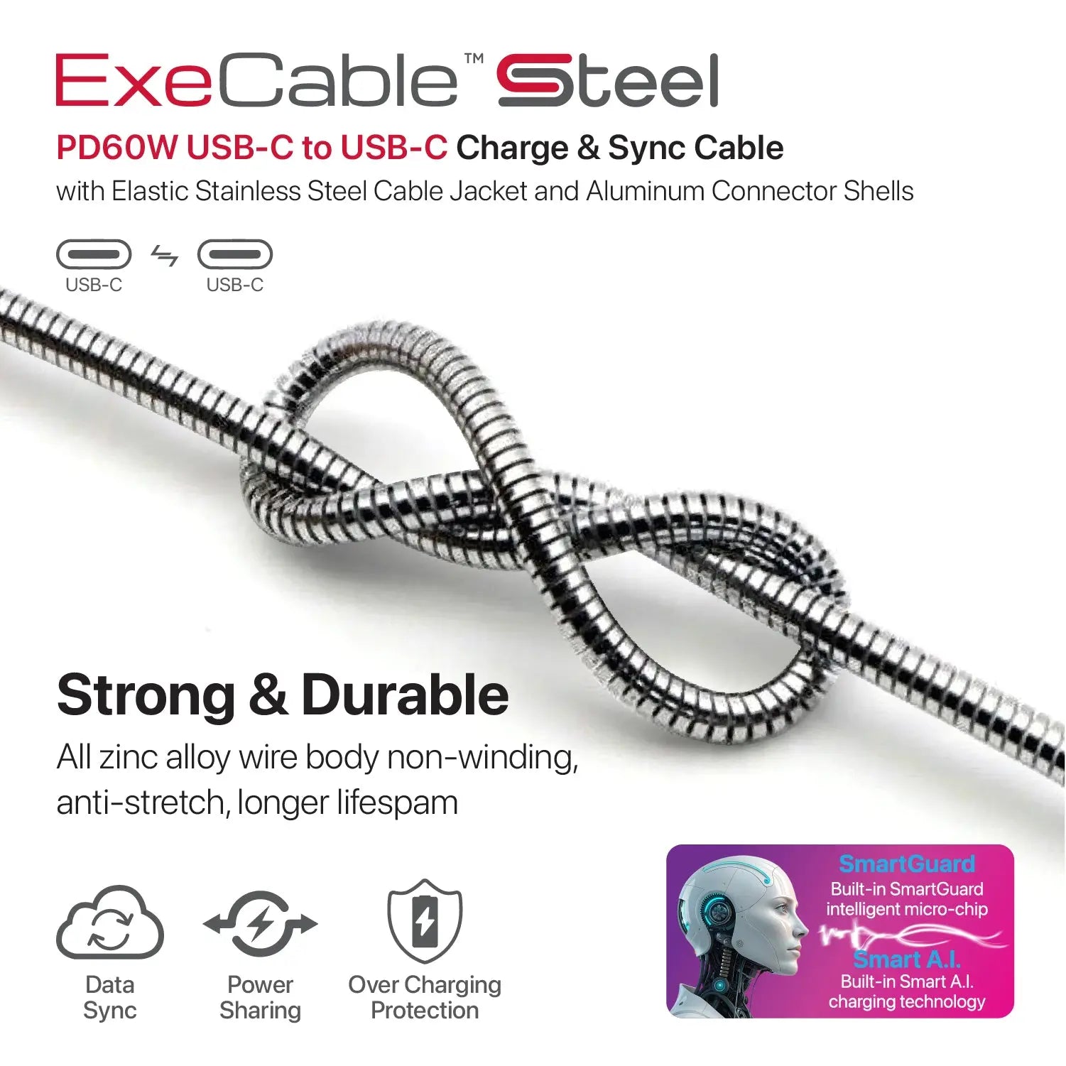 MICRODIA ExeCable™ Steel PD60W USB-C to USB-C Charge & Sync Cable Microdia