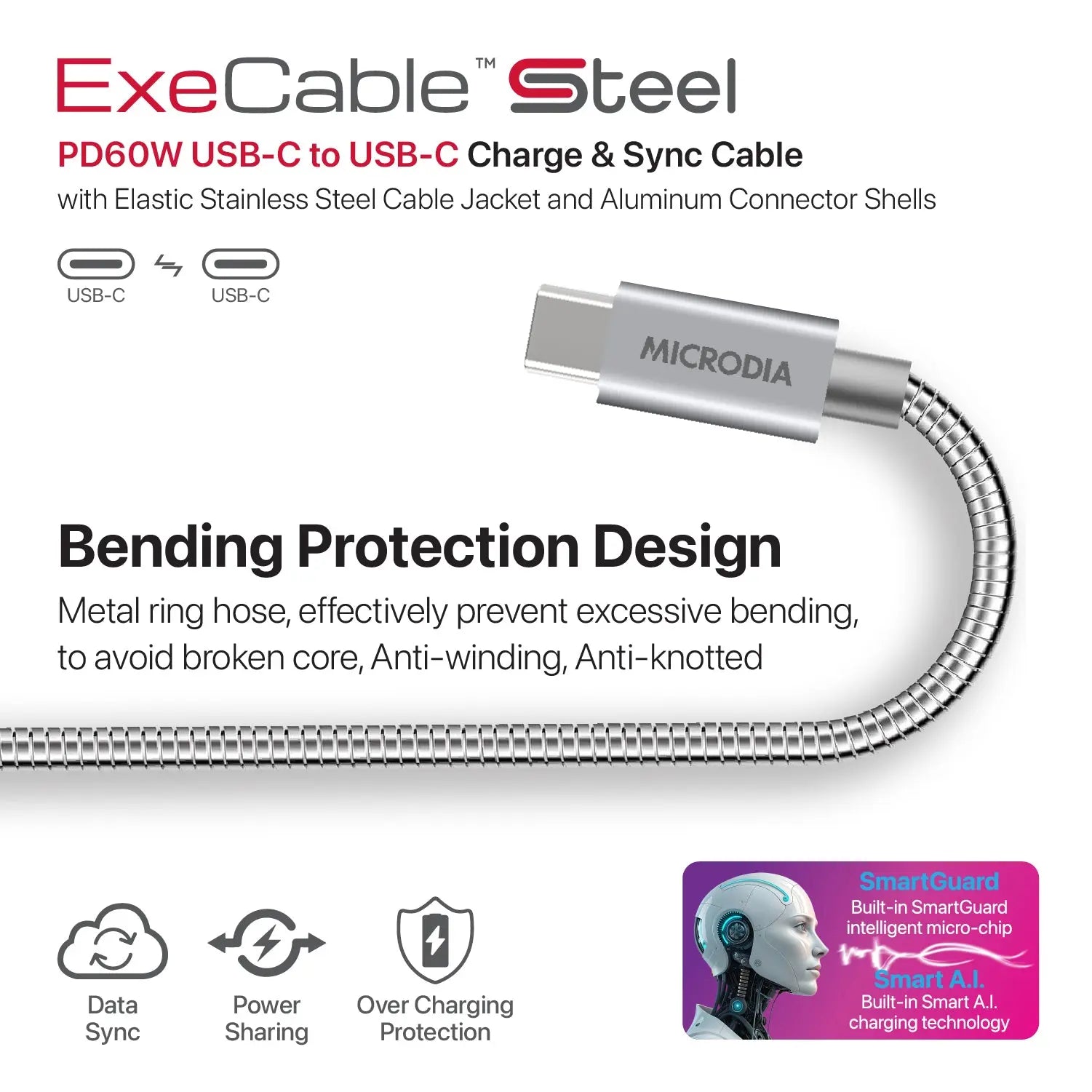 MICRODIA ExeCable™ Steel PD60W USB-C to USB-C Charge & Sync Cable Microdia