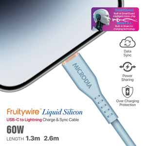 MICRODIA Fruitywire™ Liquid Silicon MFi-Certified 60W USB-C to Lightning Charge & Sync Cable Interface USB-C (USB2.0), MFi Lightning Transfer Speed 480Mbps Microdia