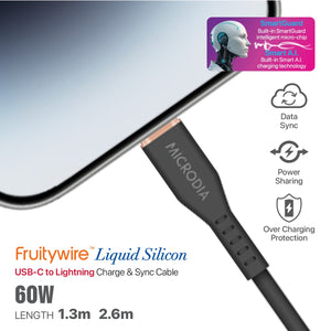 MICRODIA Fruitywire™ Liquid Silicon MFi-Certified 60W USB-C to Lightning Charge & Sync Cable Interface USB-C (USB2.0), MFi Lightning Transfer Speed 480Mbps Microdia