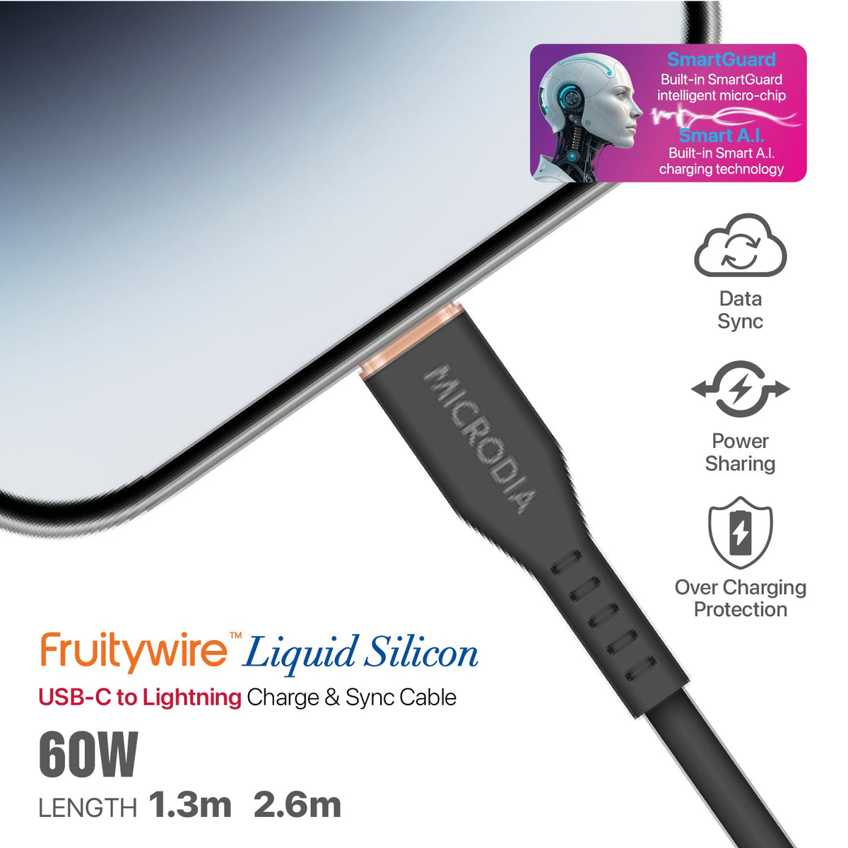 MICRODIA Fruitywire™ Liquid Silicon MFi-Certified 60W USB-C to Lightning Charge & Sync Cable Interface USB-C (USB2.0), MFi Lightning Transfer Speed 480Mbps Microdia