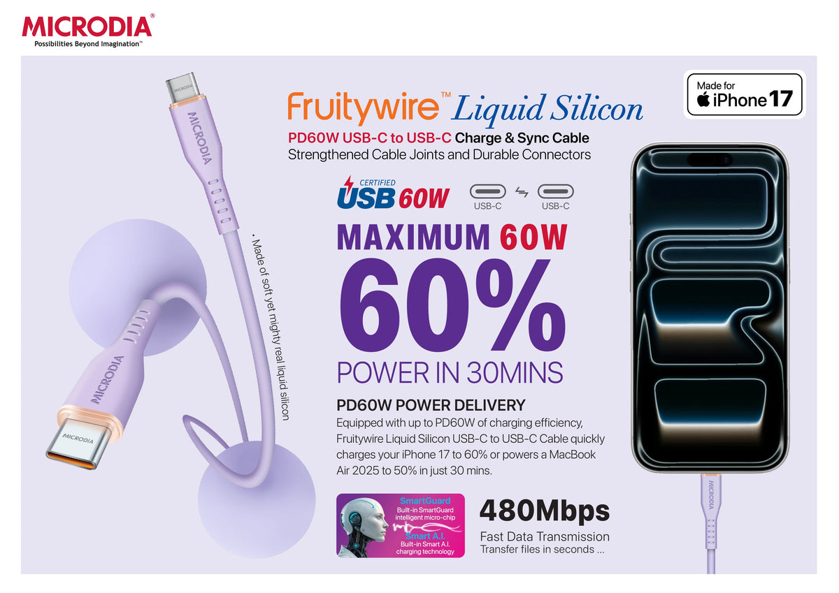 MICRODIA Fruitywire™ Liquid Silicon MFi-Certified 60W USB-C to Lightning Charge & Sync Cable Interface USB-C (USB2.0), MFi Lightning Transfer Speed 480Mbps Microdia
