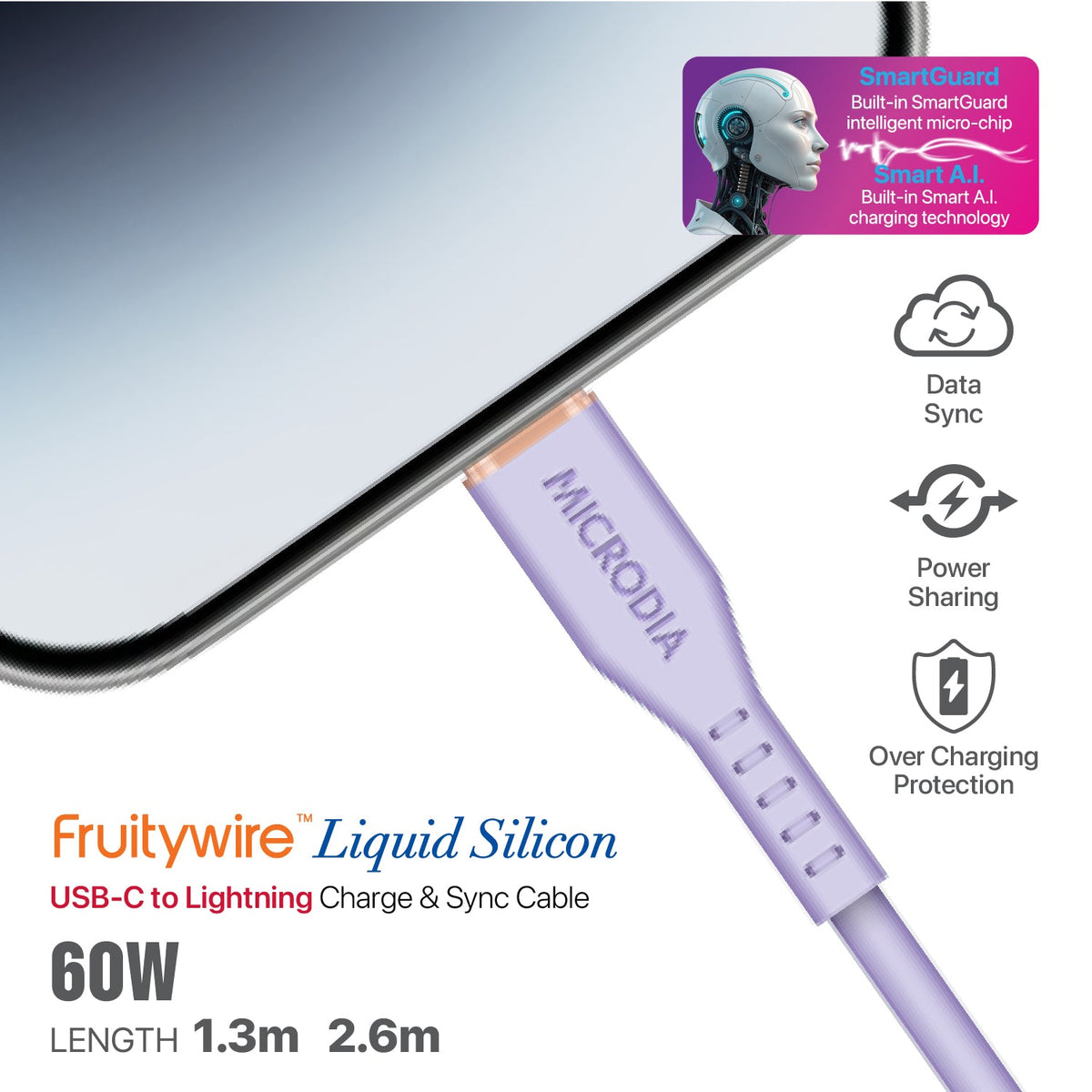 MICRODIA Fruitywire™ Liquid Silicon MFi-Certified 60W USB-C to Lightning Charge & Sync Cable Interface USB-C (USB2.0), MFi Lightning Transfer Speed 480Mbps Microdia