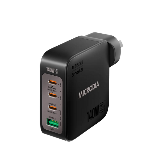MICRODIA شاحن حائط SMARTCube™ Nano بقوة 140 واط، GaN Pro، 4 منافذ، USB-C PD3.1 + USB-A QC3.0 Microdia