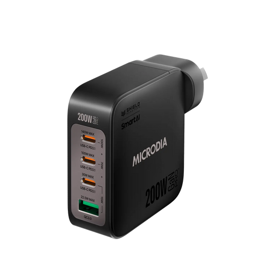 MICRODIA شاحن حائط SMARTCube™ Nano 200W، GaN Pro، 4 منافذ، USB-C PD3.1 + USB-A QC3.0 Microdia