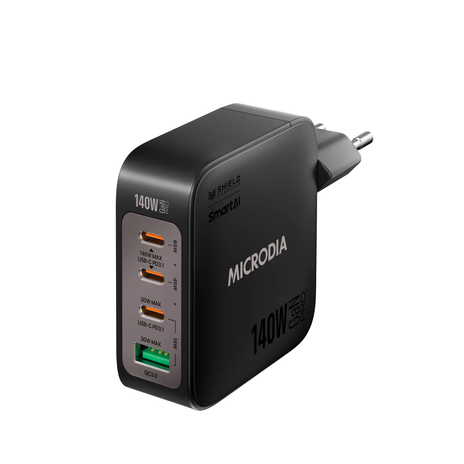 MICRODIA SMARTCube™ Nano 140W, GaN Pro Wall Charger, 4-Port, USB-C PD3.1 + USB-A QC3.0 Microdia