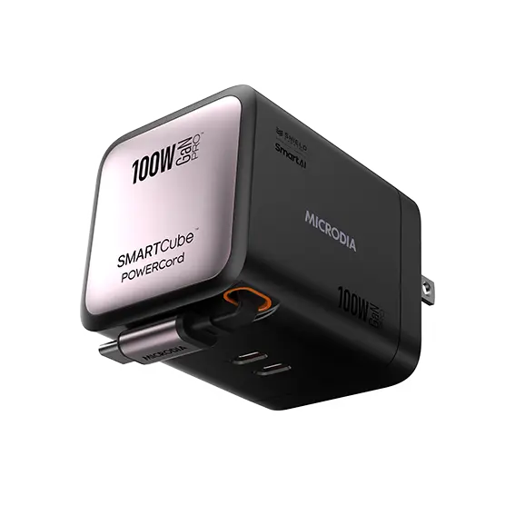 MICRODIA SMARTCube™ POWERCord 100W,GaN Pro Wall Charger with Built-in USB-C Cable andDual USB-C PD & USB-A Outputs MICRODIA