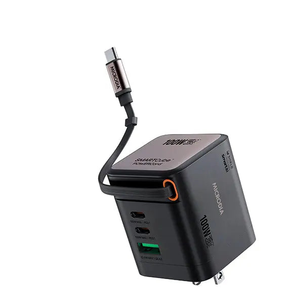 MICRODIA SMARTCube™ POWERCord 100W,GaN Pro Wall Charger with Built-in USB-C Cable andDual USB-C PD & USB-A Outputs MICRODIA