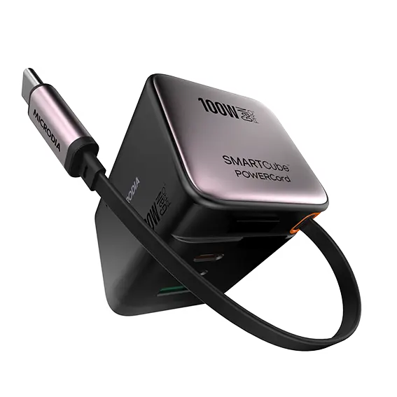 MICRODIA SMARTCube™ POWERCord 100W,GaN Pro Wall Charger with Built-in USB-C Cable andDual USB-C PD & USB-A Outputs MICRODIA