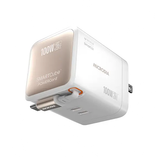 MICRODIA شاحن حائط SMARTCube™ POWERCord بقدرة 100 وات، GaN Pro مع كابل USB-C مدمج ومخرجين USB-C PD وUSB-A MICRODIA