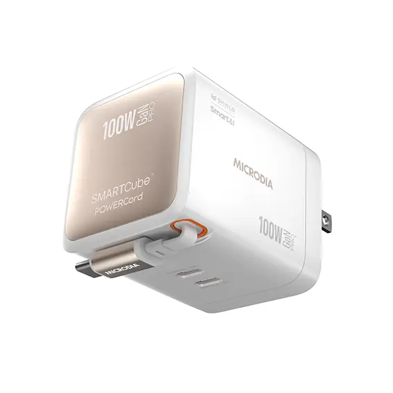 MICRODIA SMARTCube™ POWERCord 100W,GaN Pro Wall Charger with Built-in USB-C Cable andDual USB-C PD & USB-A Outputs MICRODIA