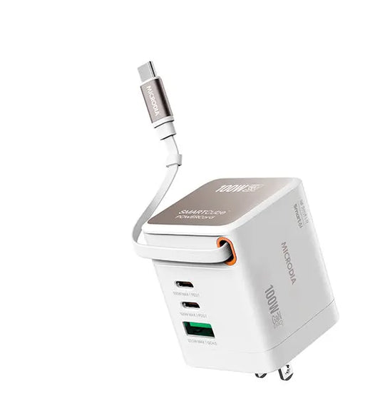 MICRODIA شاحن حائط SMARTCube™ POWERCord بقدرة 100 وات، GaN Pro مع كابل USB-C مدمج ومخرجين USB-C PD وUSB-A MICRODIA