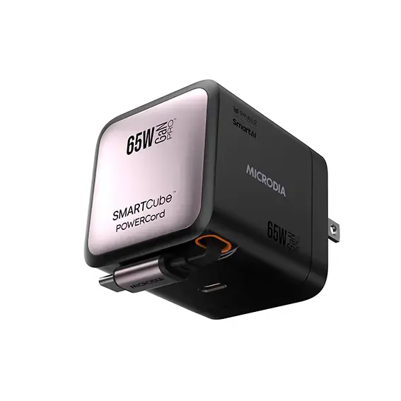 MICRODIA SMARTCube™ POWERCord 65W, GaN Pro Wall Charger with Built-in Retractable USB-C Cable and USB-C Charging Output MICRODIA