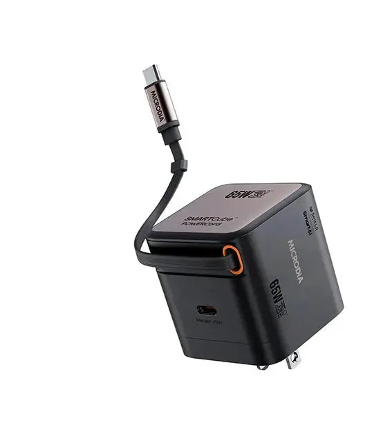 MICRODIA SMARTCube™ POWERCord 65W, GaN Pro Wall Charger with Built-in Retractable USB-C Cable and USB-C Charging Output MICRODIA