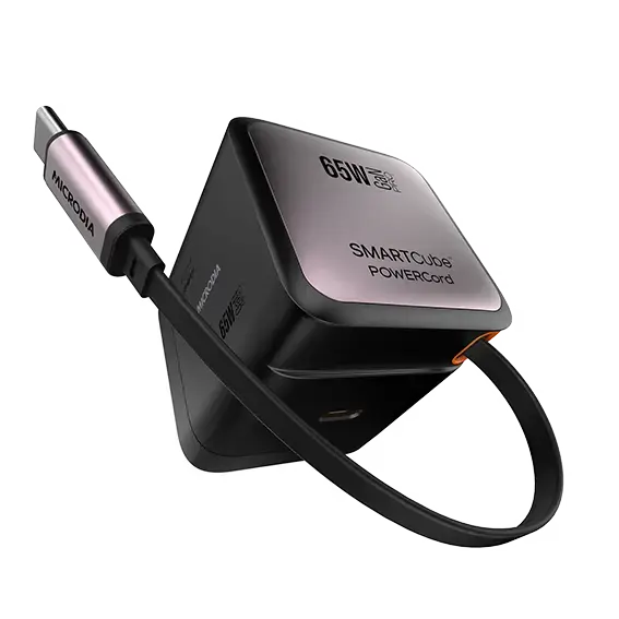 MICRODIA SMARTCube™ POWERCord 65W, GaN Pro Wall Charger with Built-in Retractable USB-C Cable and USB-C Charging Output MICRODIA