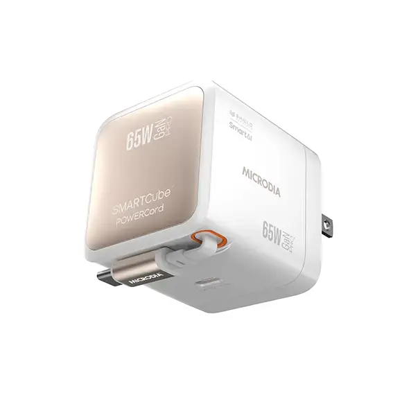 MICRODIA SMARTCube™ POWERCord 65W, GaN Pro Wall Charger with Built-in Retractable USB-C Cable and USB-C Charging Output MICRODIA