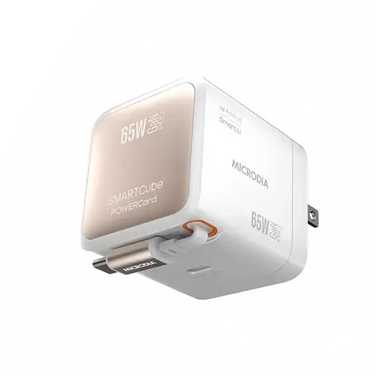 MICRODIA Cargador de pared SMARTCube™ POWERCord de 65 W, GaN Pro con cable USB-C retráctil integrado y salida de carga USB-C MICRODIA