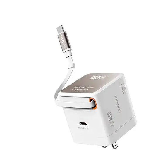 MICRODIA Cargador de pared SMARTCube™ POWERCord de 65 W, GaN Pro con cable USB-C retráctil integrado y salida de carga USB-C MICRODIA