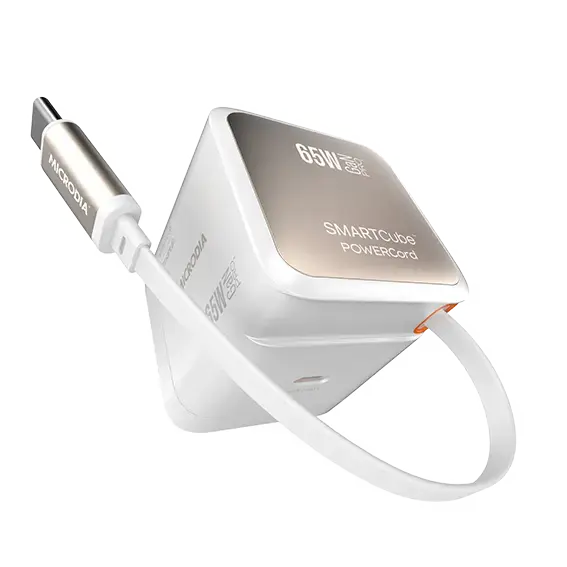 MICRODIA SMARTCube™ POWERCord 65W, GaN Pro Wall Charger with Built-in Retractable USB-C Cable and USB-C Charging Output MICRODIA