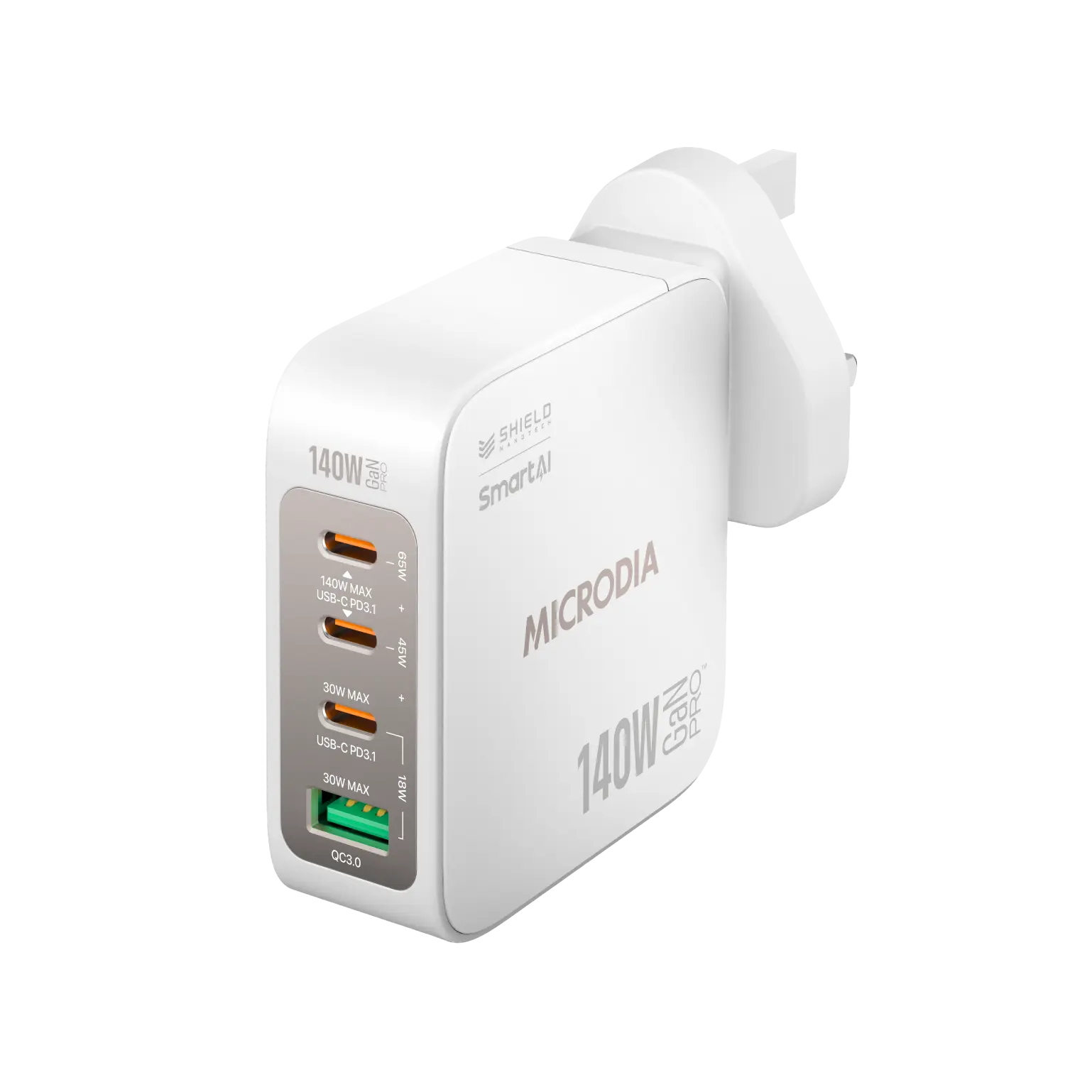 MICRODIA SMARTCube™ Nano 140W, GaN Pro Wall Charger, 4-Port, USB-C PD3.1 + USB-A QC3.0 Microdia