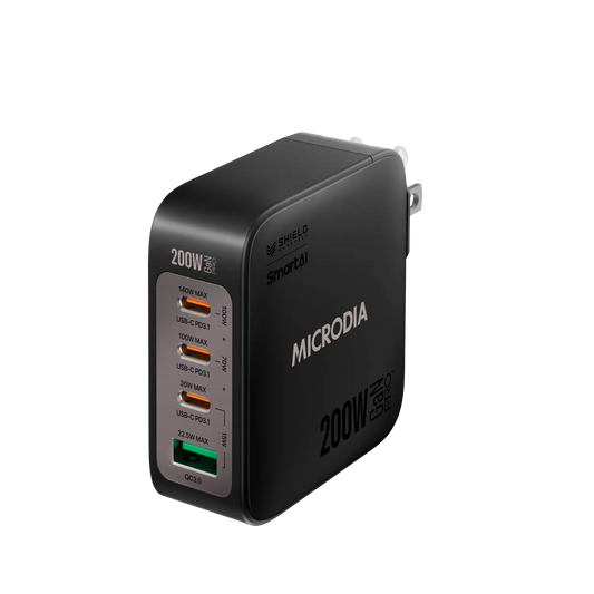 MICRODIA Cargador de pared SMARTCube™ Nano 200 W, GaN Pro, 4 puertos, USB-C PD3.1 + USB-A QC3.0 Microdia