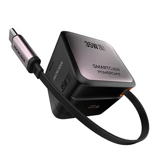 MICRODIA Cargador de pared SMARTCube™ PowerCord de 30 W PD, GaN Pro PPS con cable retráctil (1C + 1C) MICRODIA
