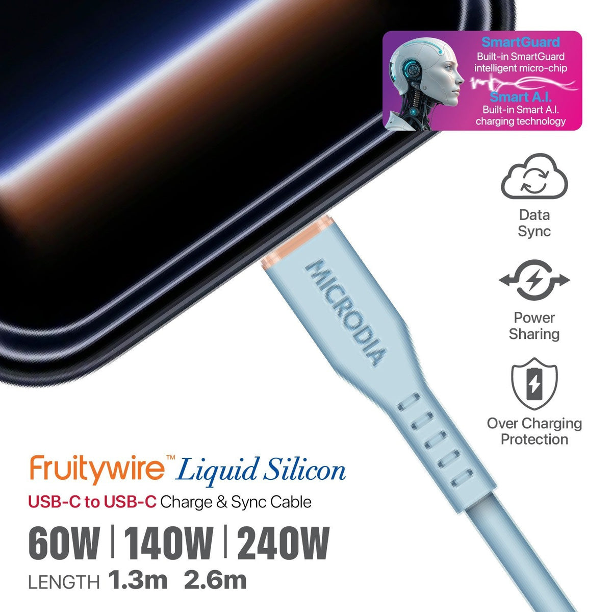 MICRODIA Fruitywire liquid silicon USB-C to USB-C cable with SmartGuard technology for fast charging and data sync