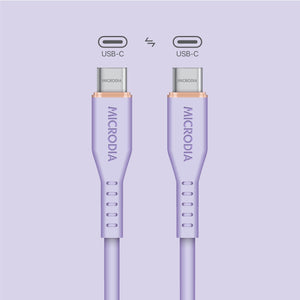 MICRODIA Fruitywire liquid silicon USB-C to USB-C 60W charging cable in light purple with reinforced connectors.