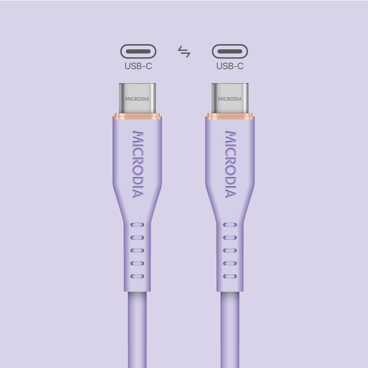 MICRODIA Fruitywire liquid silicon USB-C to USB-C 60W charging cable in light purple with reinforced connectors.