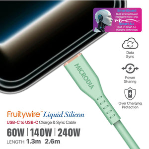 MICRODIA Fruitywire liquid silicon USB-C to USB-C charging cable in mint green with SmartGuard technology