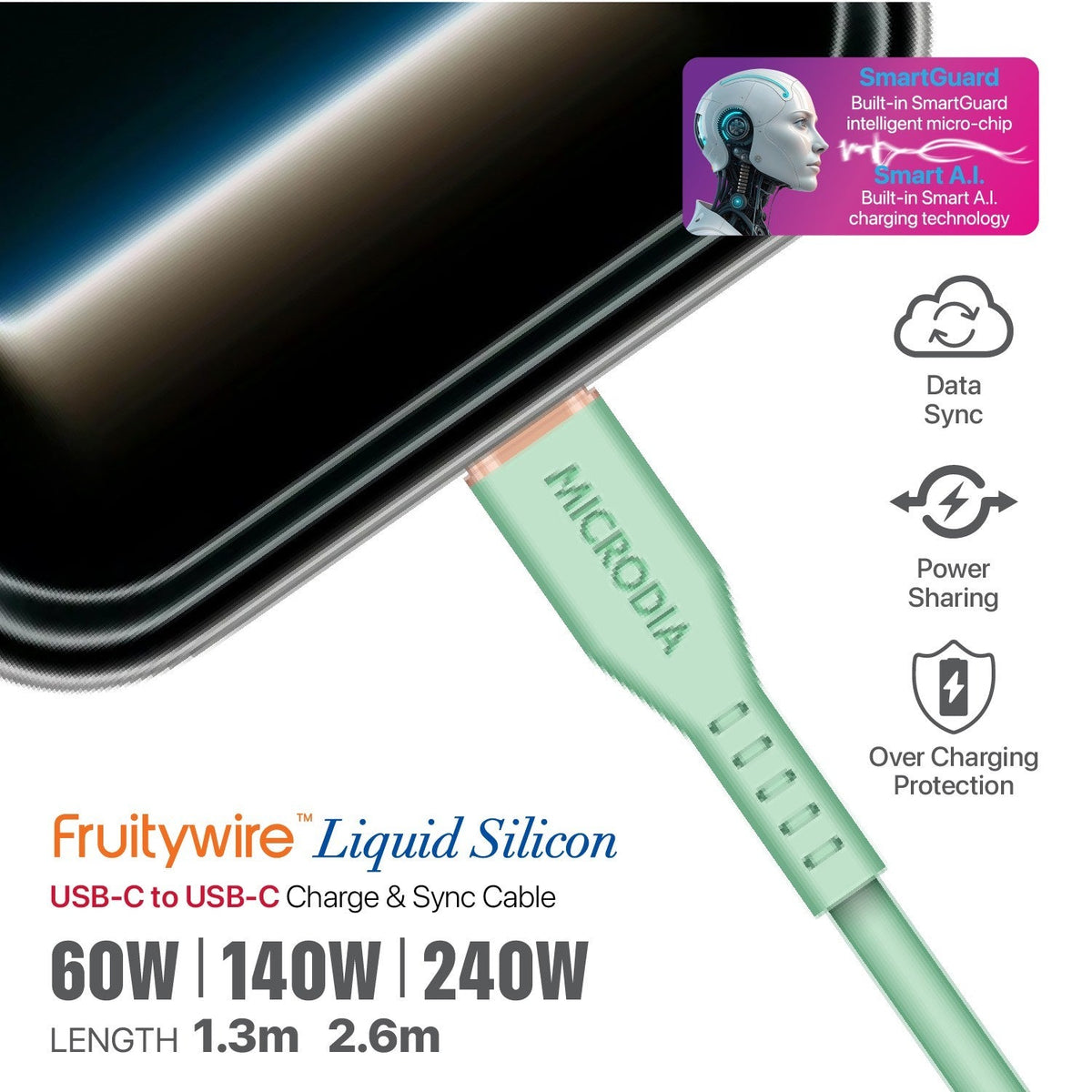 MICRODIA Fruitywire liquid silicon USB-C to USB-C charging cable in mint green with SmartGuard technology