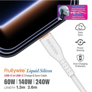 MICRODIA Fruitywire white liquid silicon USB-C to USB-C charging cable with SmartGuard technology connected to phone