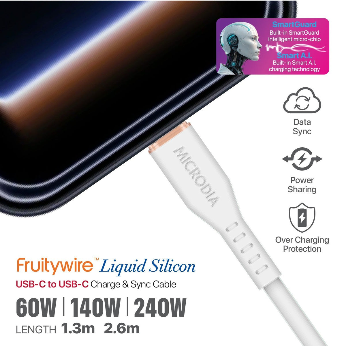 MICRODIA Fruitywire white liquid silicon USB-C to USB-C charging cable with SmartGuard technology connected to phone