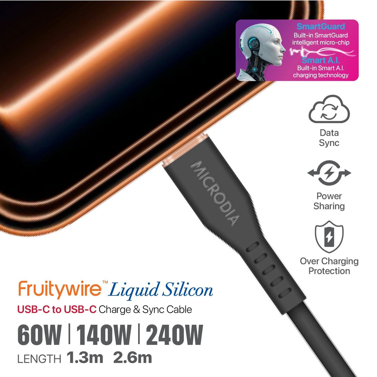 MICRODIA Fruitywire liquid silicon USB-C to USB-C cable with SmartGuard technology for 60W fast charging and data sync
