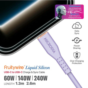 MICRODIA Fruitywire liquid silicon USB-C to USB-C cable in lavender, featuring SmartGuard technology and fast charging.