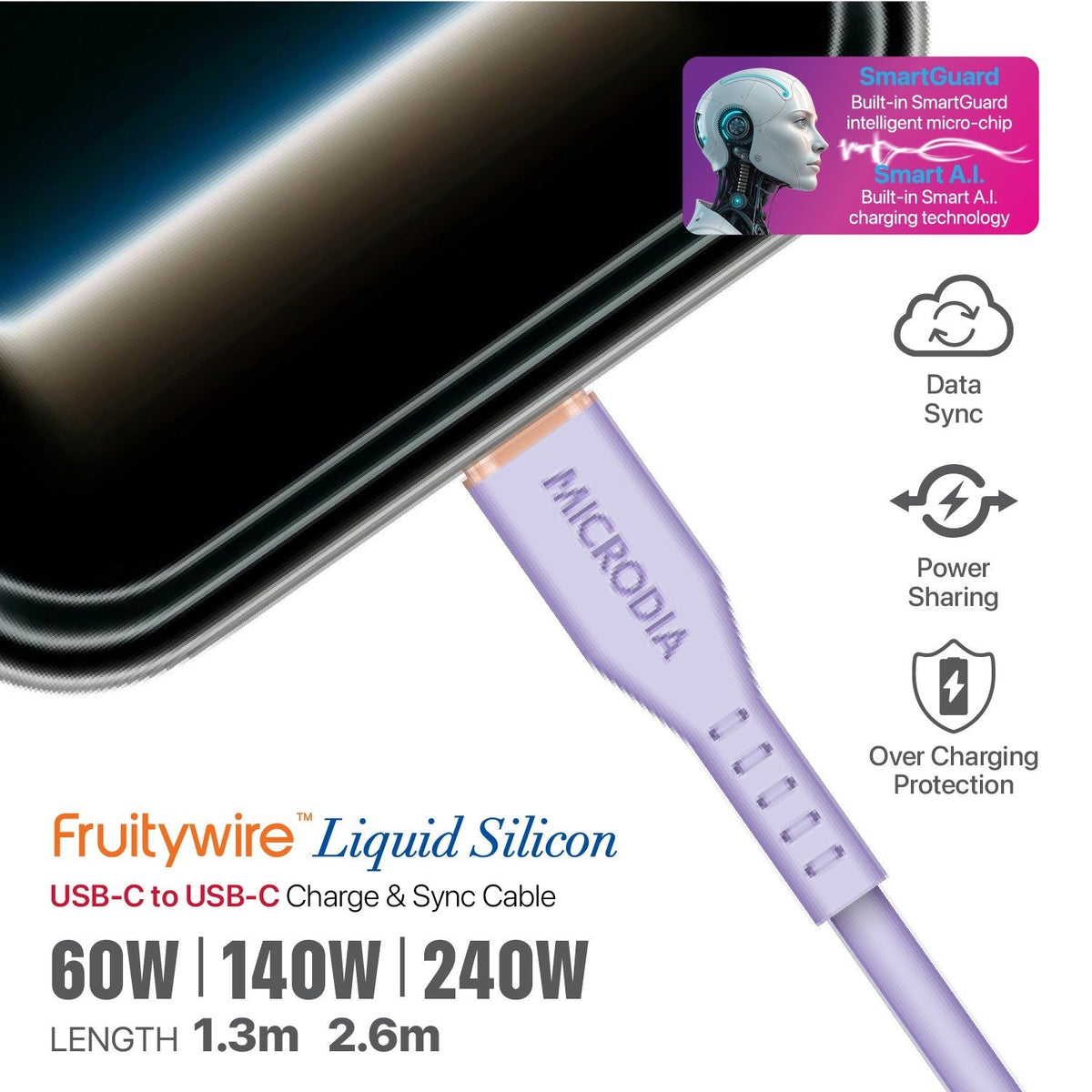 MICRODIA Fruitywire liquid silicon USB-C to USB-C cable in lavender, featuring SmartGuard technology and fast charging.