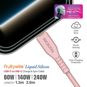 MICRODIA Fruitywire pink liquid silicon USB-C to USB-C charging cable with SmartGuard temperature control technology