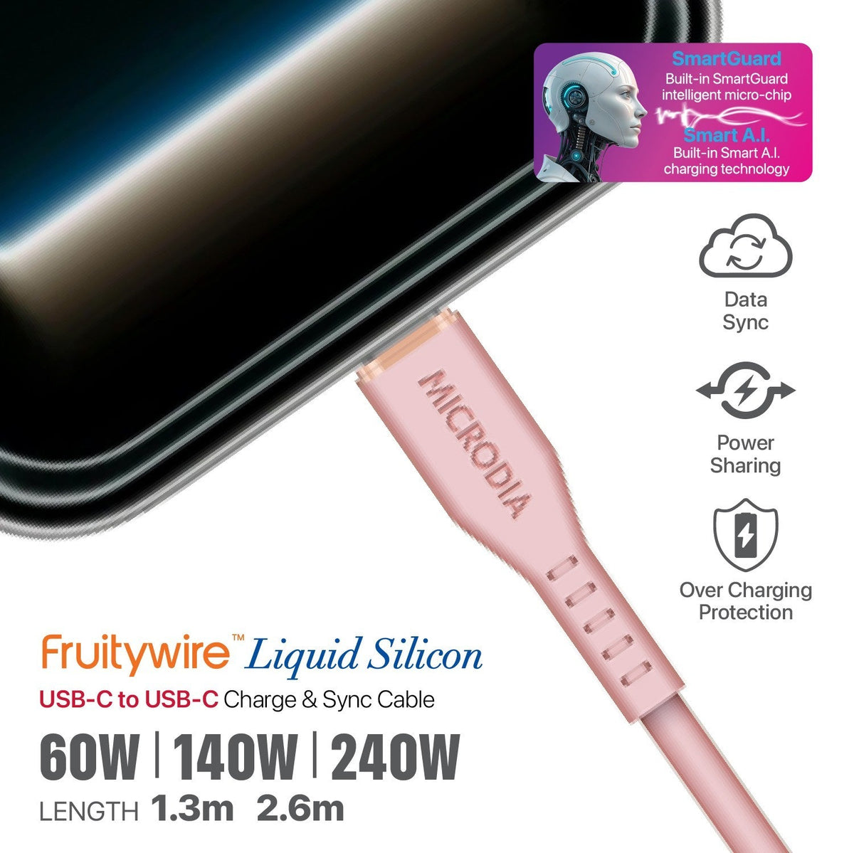MICRODIA Fruitywire pink liquid silicon USB-C to USB-C charging cable with SmartGuard temperature control technology